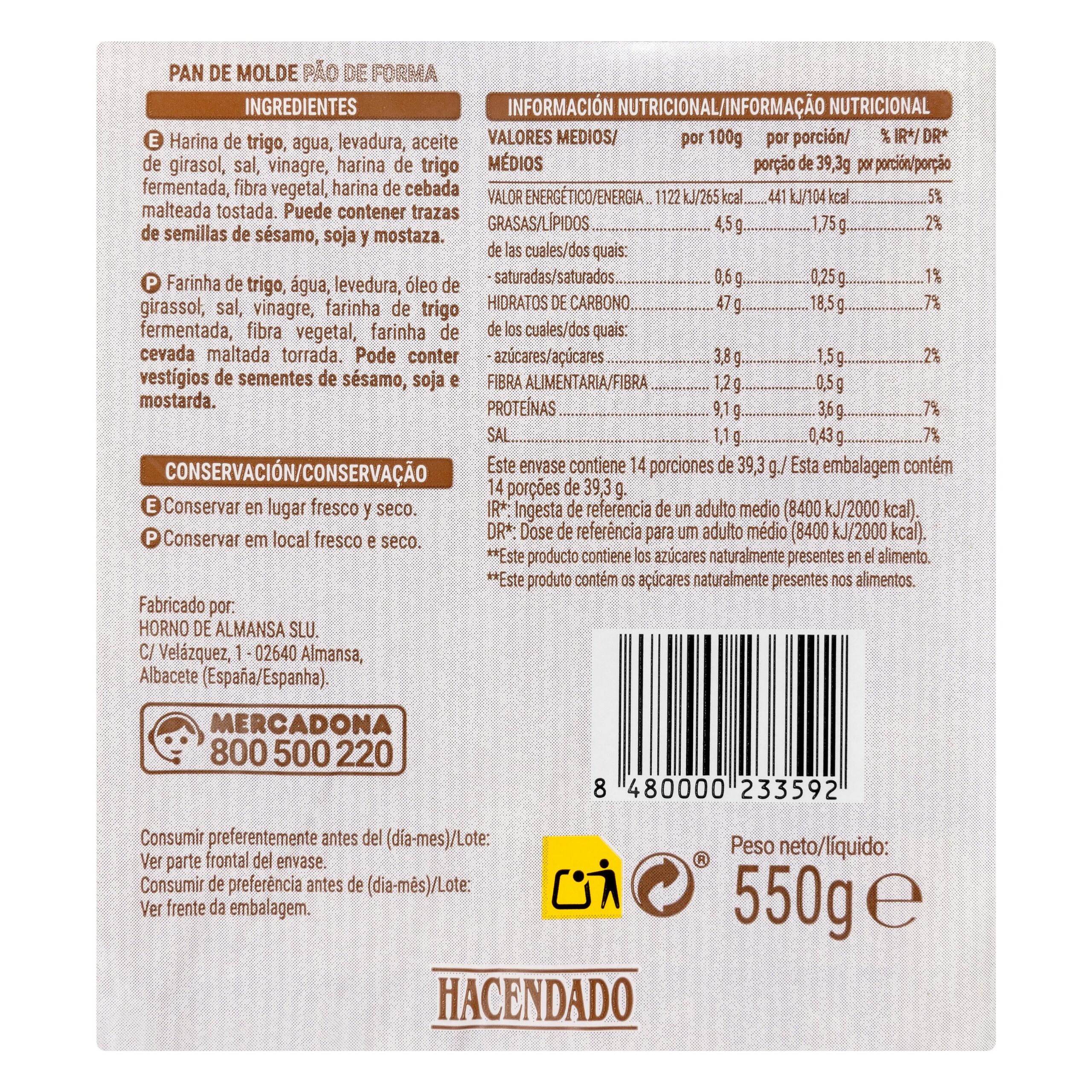 Etiqueta Pan de molde blanco natural rústico Hacendado 0% azúcares añadidos